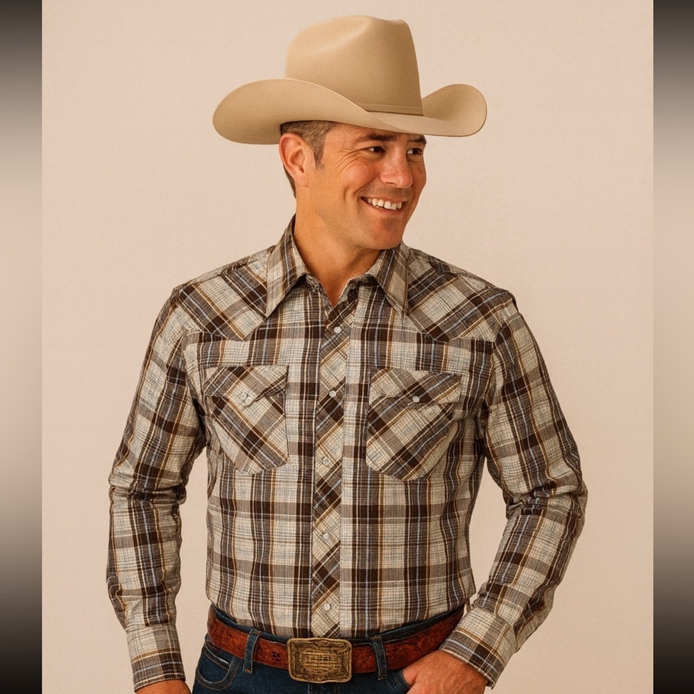JC PENNEY MENS WESTERN SHIRT SIZE 15.5-34 PEARL SNAPS BROWN/ BLUE PLAID THIN